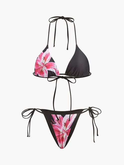 Çiçek Desenli Bikini Yarı Şeffaf Etek ile