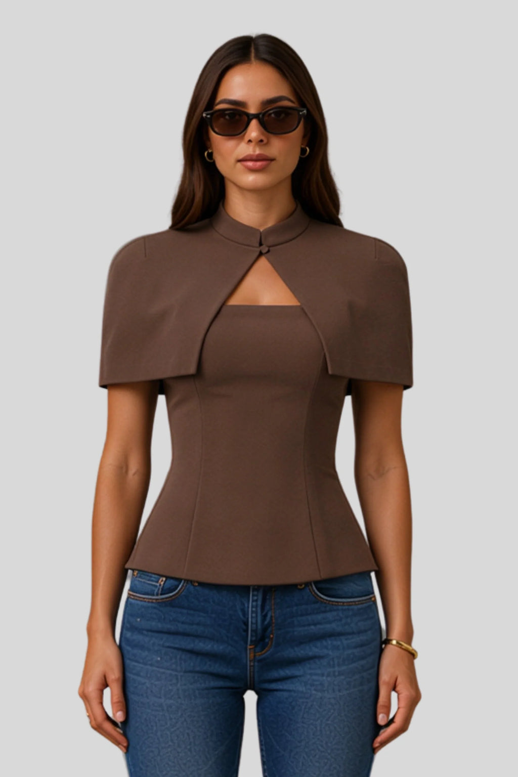 Pelerin Kollu Anahtar Deliği Detaylı Peplum Üst