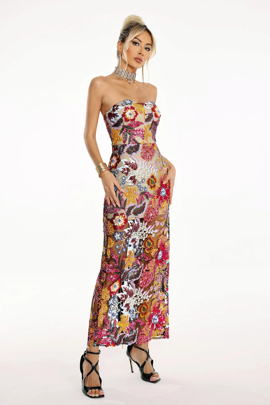 Satu Floral Glitter Maxi Elbise