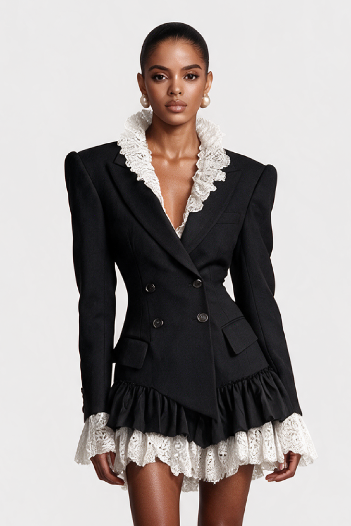 Facaca Dantel Fırfırlı Mini Blazer Elbise – Siyah