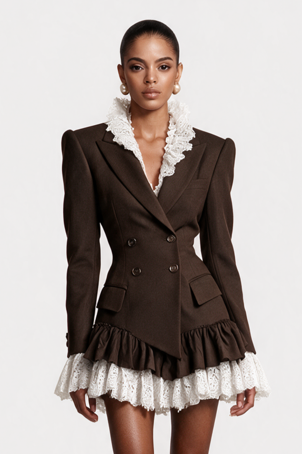Facaca Dantel Fırfırlı Mini Blazer Elbise – Kahverengi