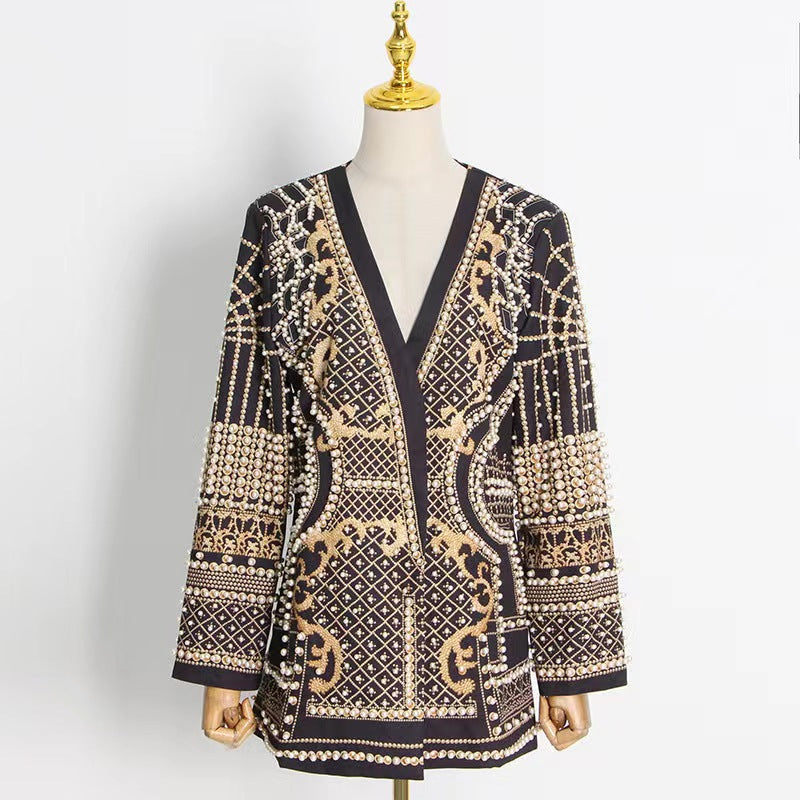 Altın Desenli İnci Detaylı Blazer Elbise