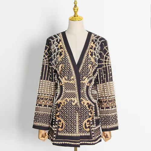 Altın Desenli İnci Detaylı Blazer Elbise