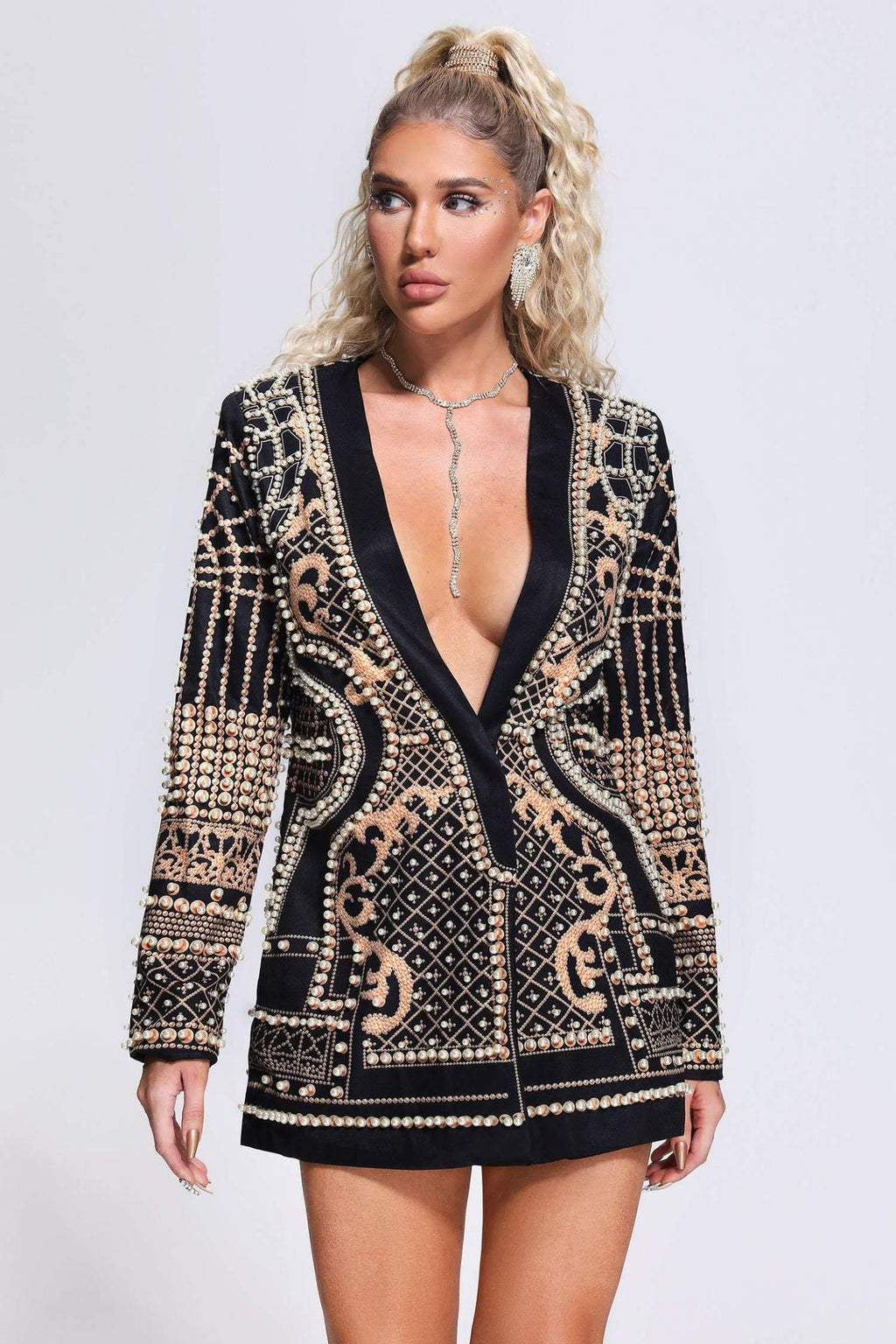 Altın Desenli İnci Detaylı Blazer Elbise